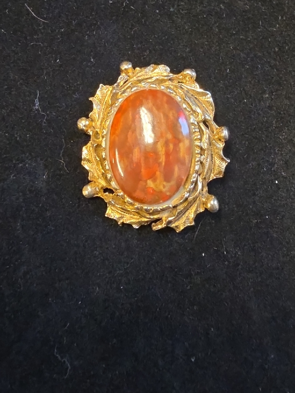 Gold-Tone Orange Cabochon Leaf Brooch - Unbranded